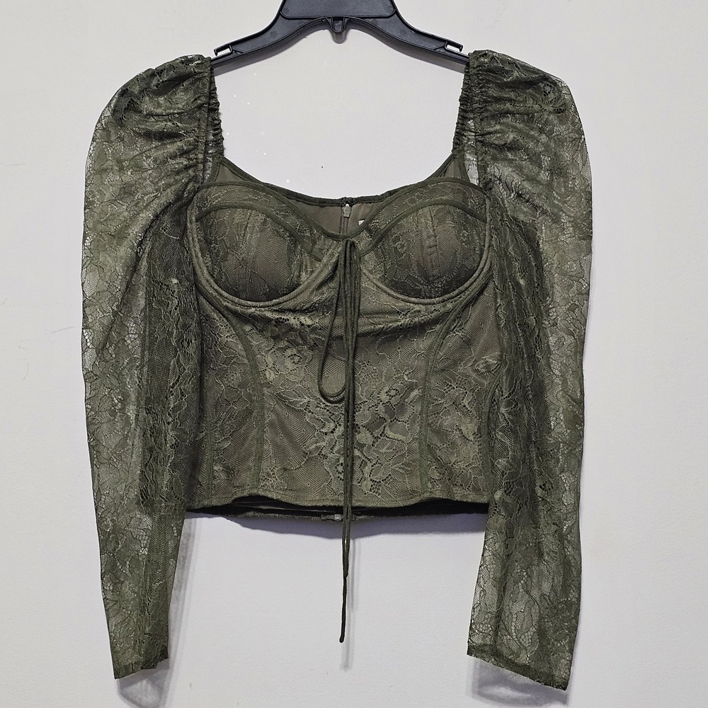 Chelsea&Violet Womens Top Size 4 Olive Green Sweetheart Lace Long Sleeve New 265